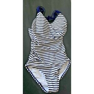 Kona Sol‎ Women's One Piece Swimsuit Small White Blue Stripe Nautical Nostalgia